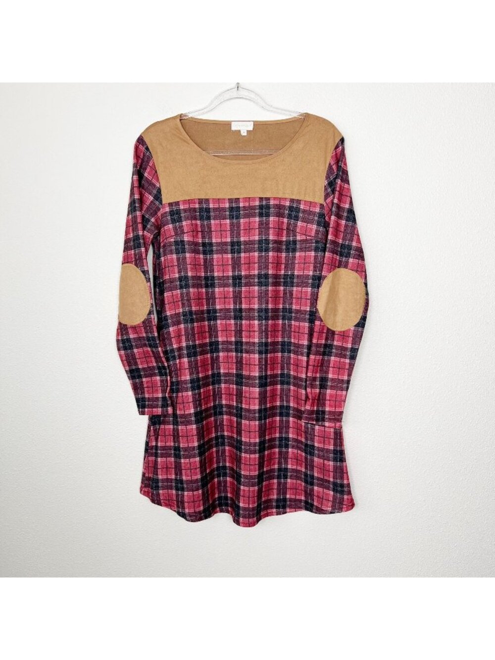 Simply Southern Dress Womens Medium Red Plaid Flannel Dress Faux Suede Patches